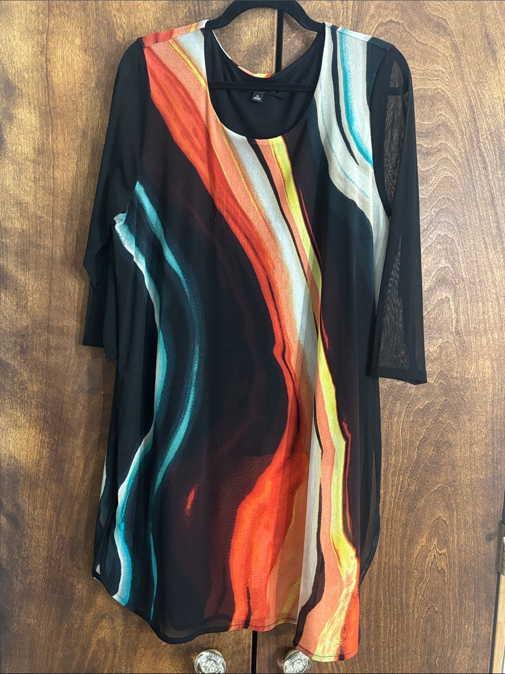 Alfani Black Mesh Tunic with Multicolor Wave Stripes